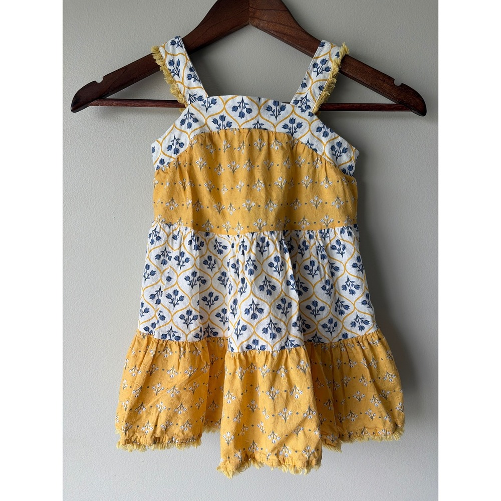 Joie‎ Girls Yellow Floral Tiered Cotton Sundress Fringed Trim Size 3T